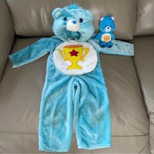 CARE BEARS CHAMP Plush 8” & KIDS DRESS UP COSTUME sz2-4yrs Blue Aqua/Gold Trophy